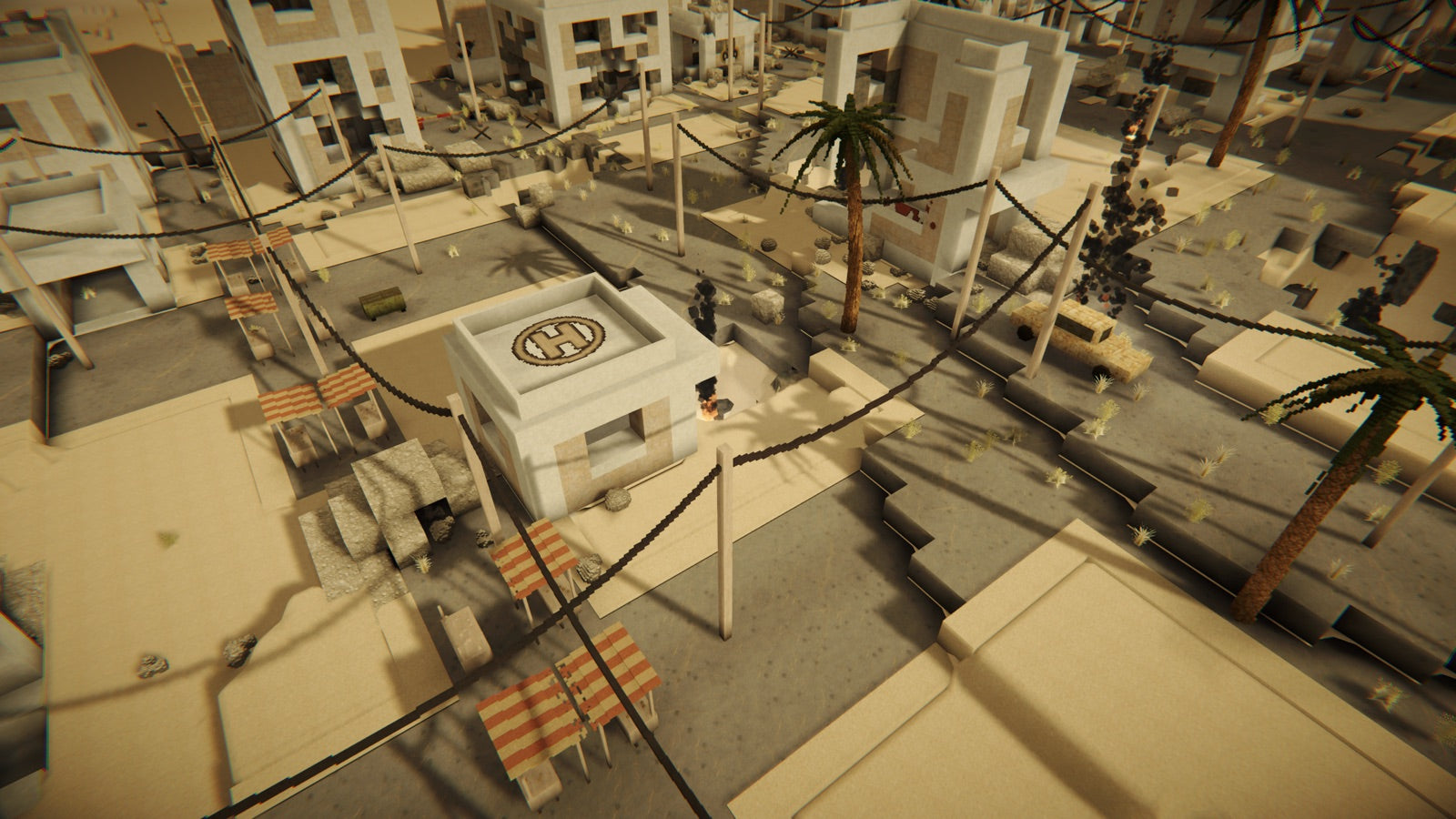 Rooftop helipad amid ruins, fires and checkpoints