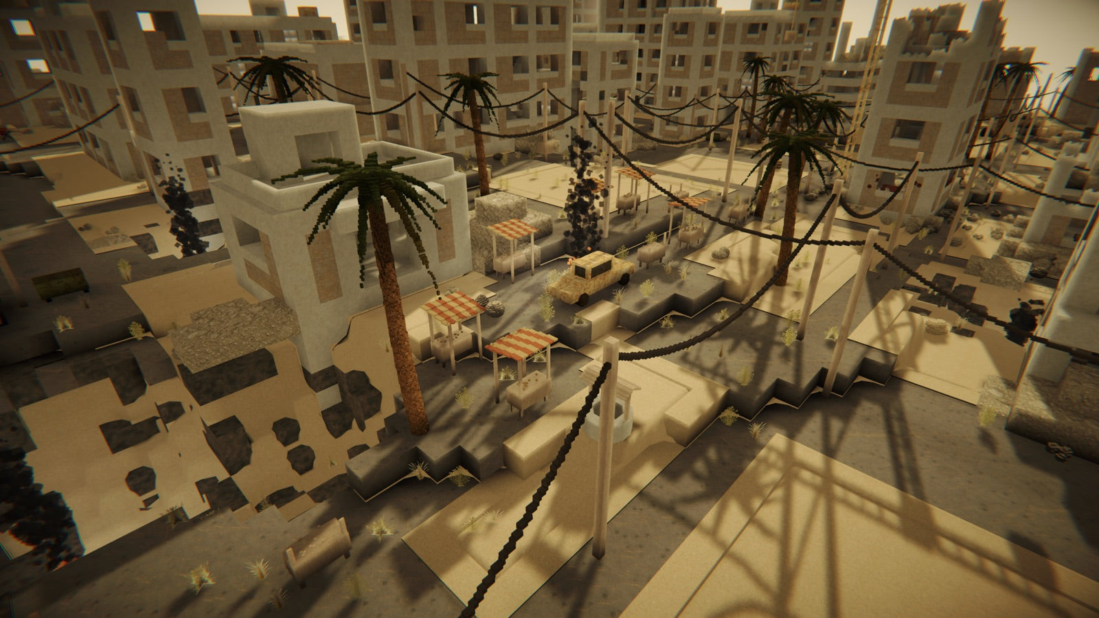 Street-level souk with market stalls and a military vehicle