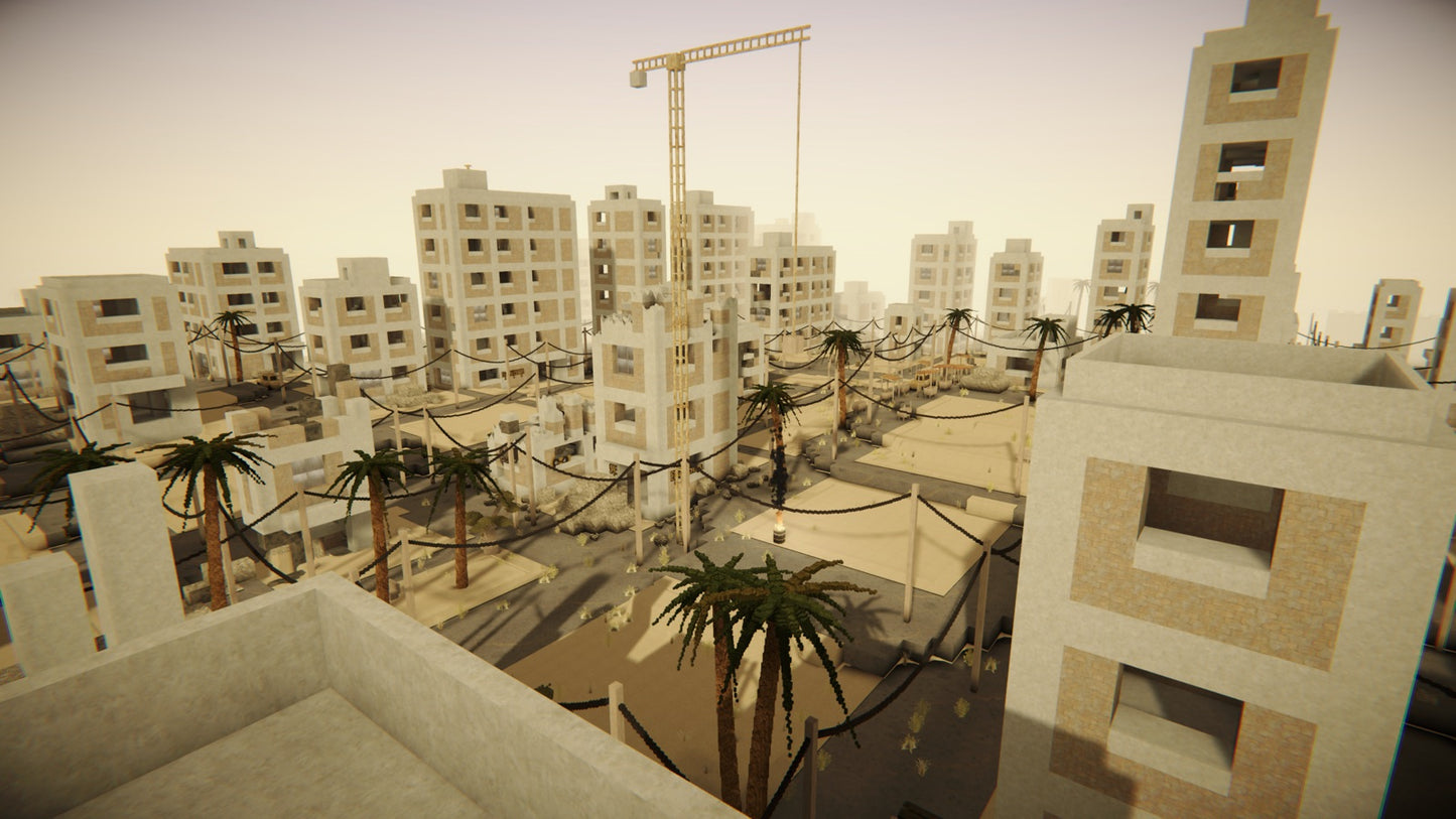 Aerial view of a war-torn voxel desert city with tower crane and palm trees